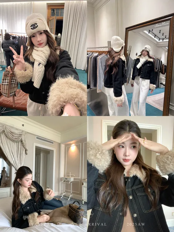 EIA一尧【甜酷jennie】摩登毛领牛仔棉服冬气质流行ins夹棉短外套女