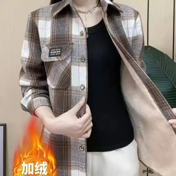 2025新款加绒格子衬衫女加绒加厚厚款保暖格子衬衣外套中长款宽松