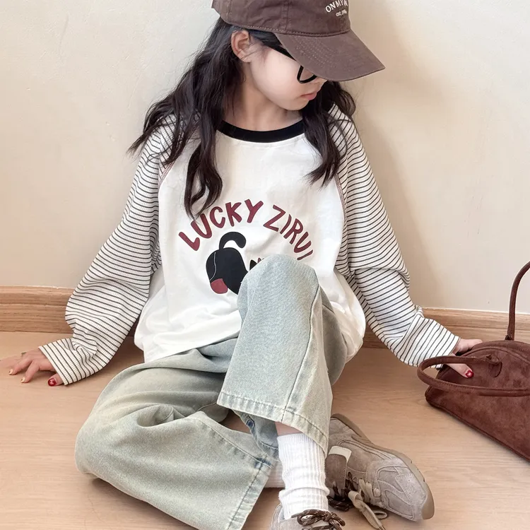 女童长袖条纹t恤2025新款女孩春秋韩系慵懒风上衣儿童洋气打底衫