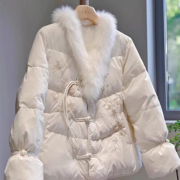 新中式复古毛领刺绣棉服宽松2025秋冬国风保暖棉衣短款气质棉袄