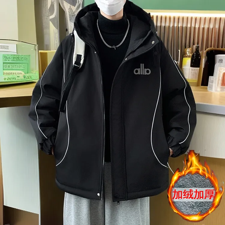 学生加绒加厚保暖外套青少年新款连帽冲锋衣夹克宽松棉衣男士棉服