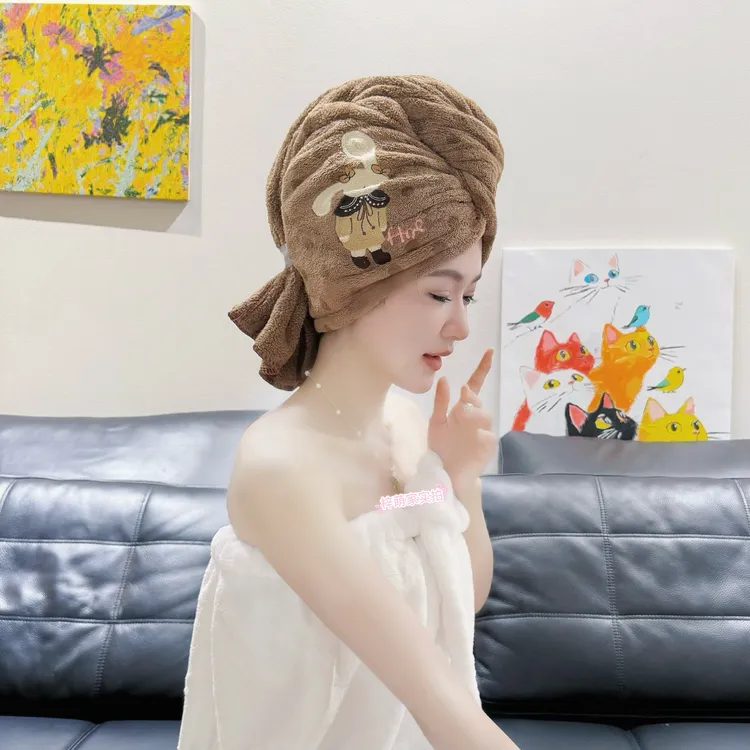 法式干发帽卡通刺绣加大宽尾绑带速干吸水（新工艺细丝压实面料）