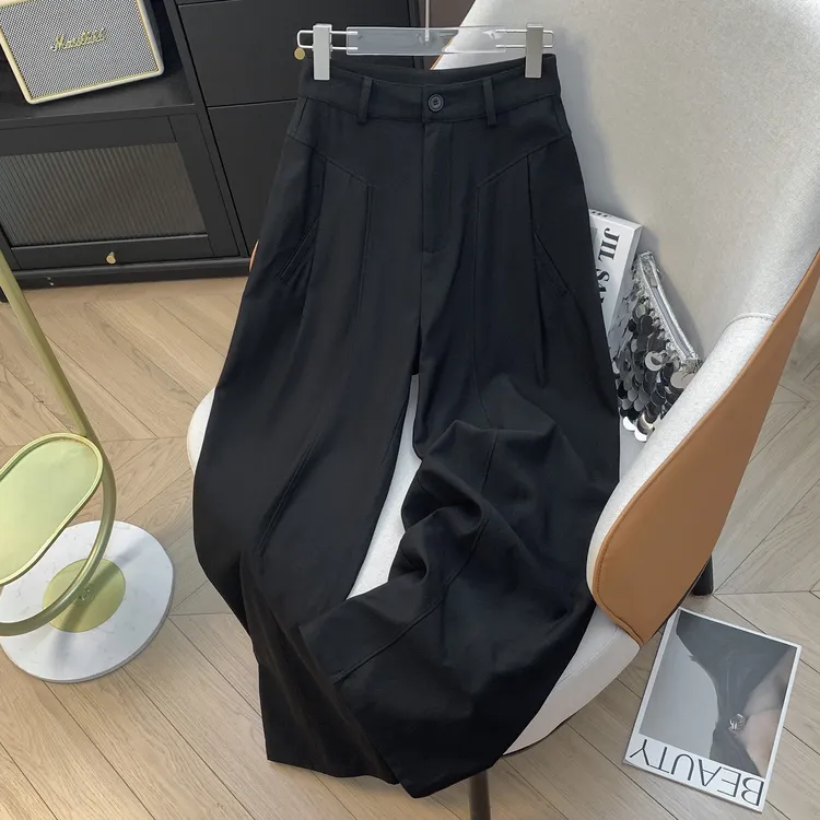 女士加厚保暖磨毛阔腿裤轻职风中腰高腰休闲裤纯色西装时尚百搭