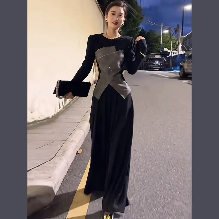 欧洲站2025秋季时尚设计感拼接假两件修身显瘦上衣阔腿裤两件套女