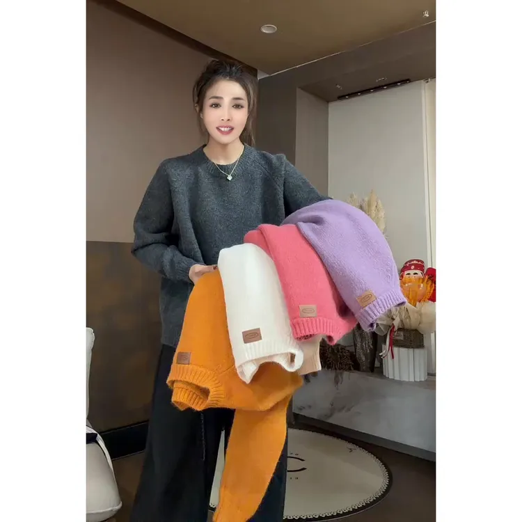 欧货圆领针织皮标字母慵懒风毛针织衫韩版毛衣长款