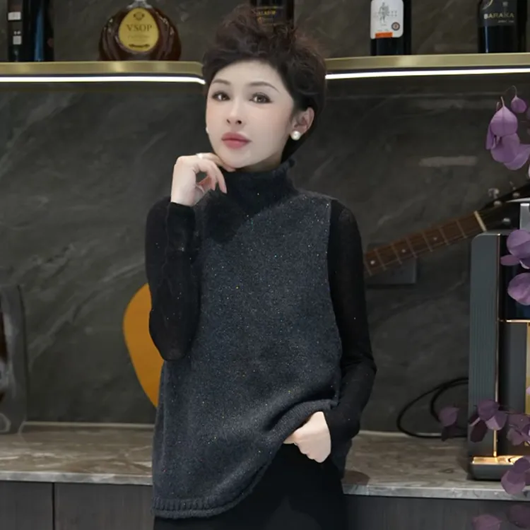 【七彩珠片】加厚保暖立领无袖针织上衣 MG8528