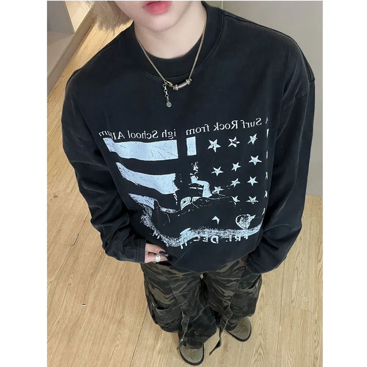 【带你回家】美式休闲设计感小领口宽松字母印花长袖T恤hiphop