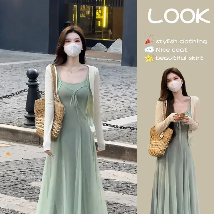 温柔慵懒风套装女2025春夏新款吊带连衣裙短款开衫清冷气质两件套