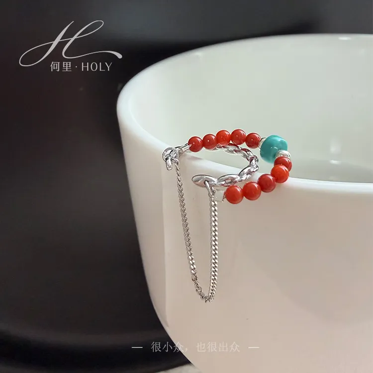 【惊鸿】原创设计个性小众天然南红925纯银耳骨夹叠戴时尚民族风