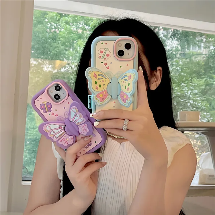 立体蓝紫蝴蝶支架iPhone14/13适用12/11苹果16/15PROMAX手机壳套