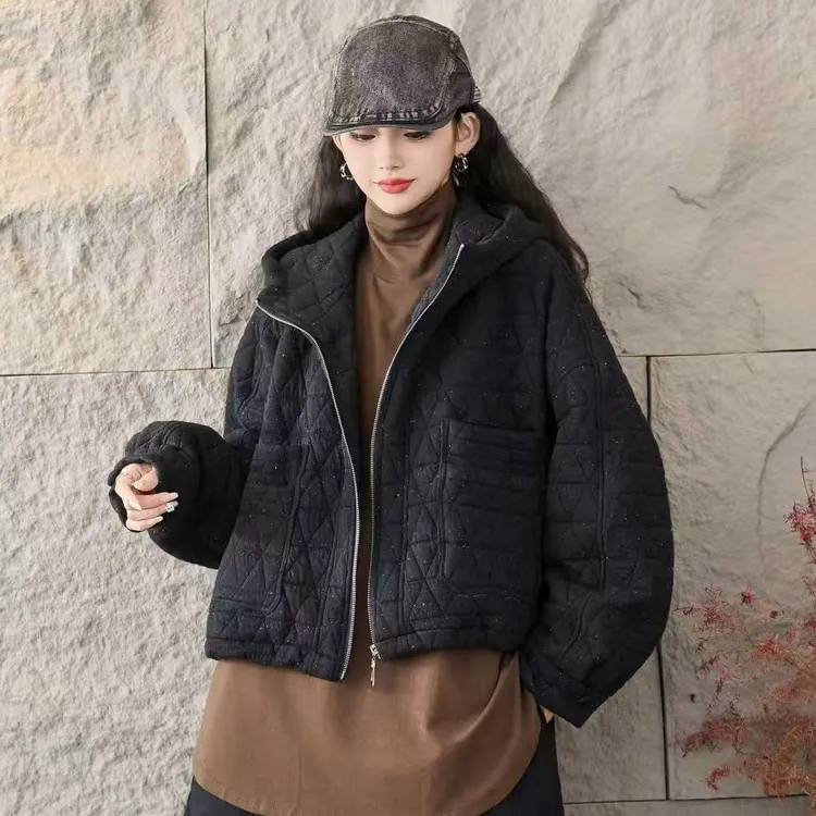 (郑州银基)2025雪花菱形压棉连帽双口袋拉链夹棉外套舒适保暖