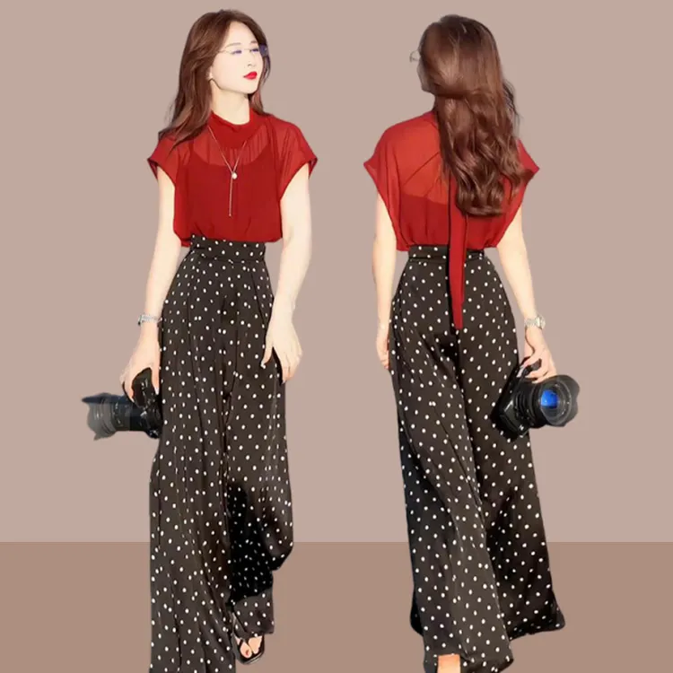 韩系ins风潮流套装女2025夏季新款气质雪纺上衣阔腿裤两件套女士