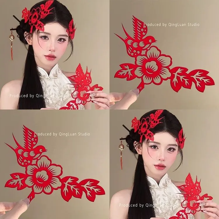中式国风结婚红色剪纸头饰汉服旗袍晨袍新娘发簪喜鹊配饰发饰造型