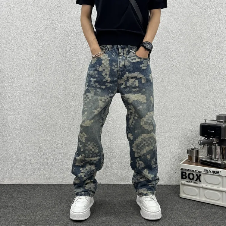 新款男士个性水洗直筒宽松迷彩蓝色牛仔裤秋季时尚潮流休闲长裤子