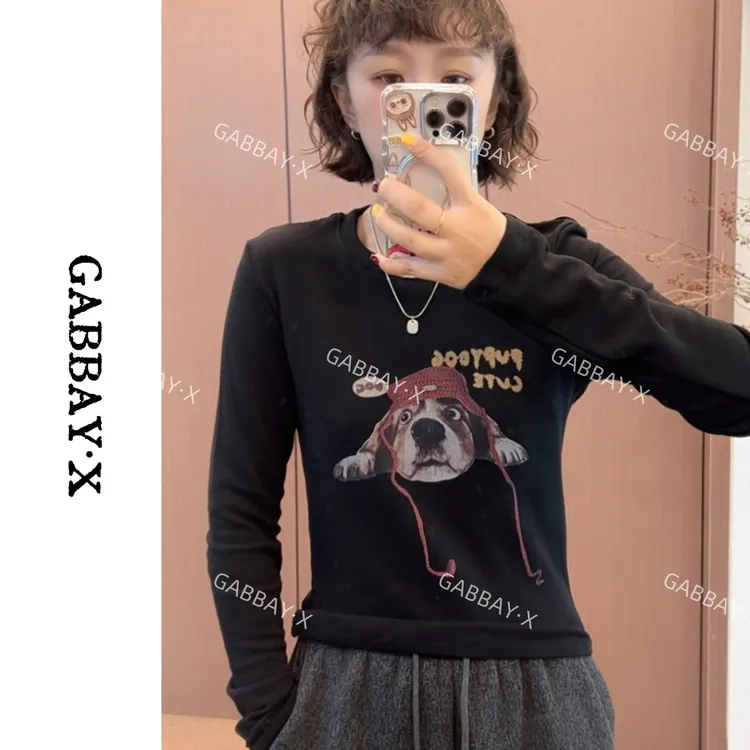 加贝信2025秋冬ins风长袖打底衫套头圆领加绒修身显瘦印花上衣女