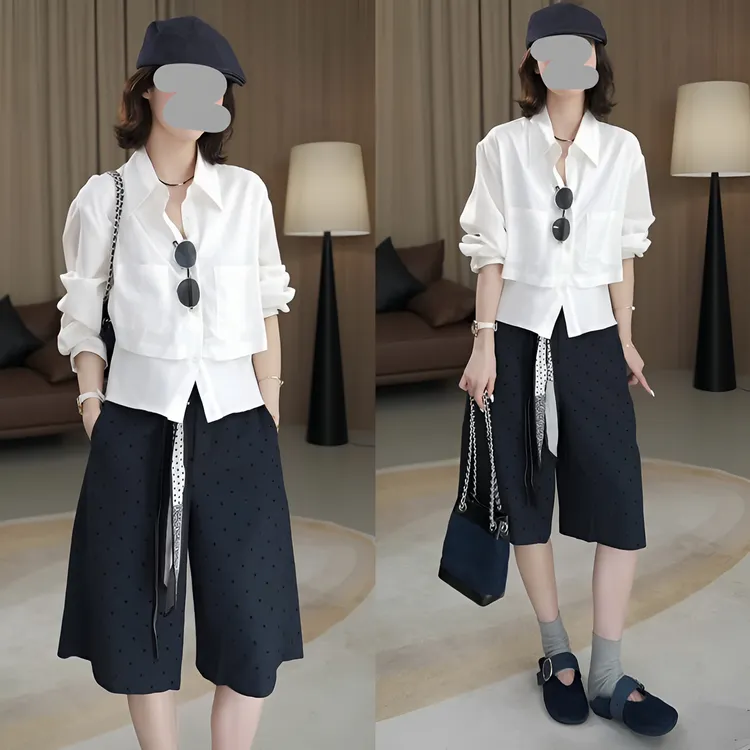 2025早秋新款时尚通勤假两件长袖衬衫显瘦百搭休闲中裤气质套装女
