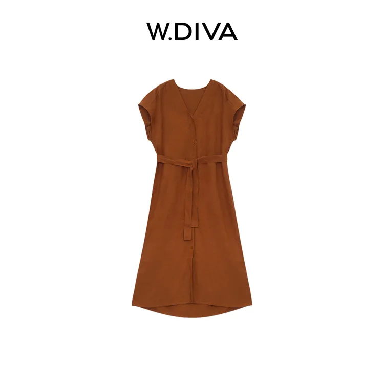 W.Diva【岁岁】天丝麻夏日温婉大方度假V领落肩短袖连衣裙52D212495