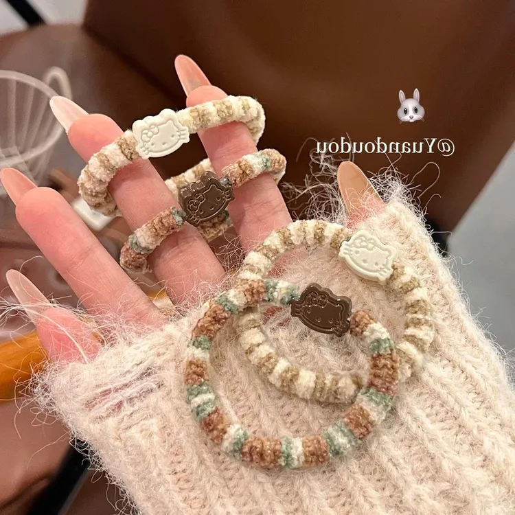 日系奶咖色系kt猫暖绒绒发圈新款ins少女心可爱百搭刘海卡通头饰