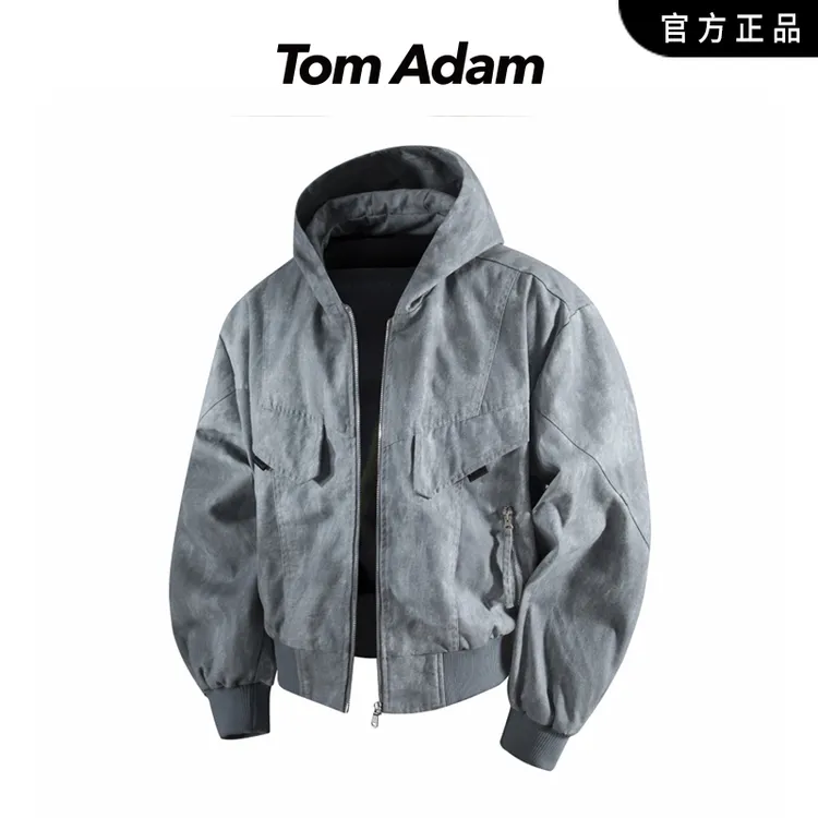 TOMADAM春秋季男潮流美式宽松复古设计感夹克连帽仿牛仔时尚外套