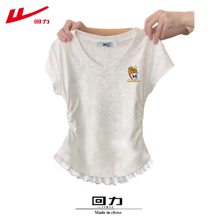 回力夏季夏装蕾丝花边棉短袖T恤女修身短款辣妹多巴胺v领正肩款