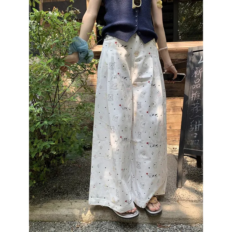 卡通甜美可爱印花高腰阔腿裤女2025夏季高腰直筒显瘦显腿长休闲裤