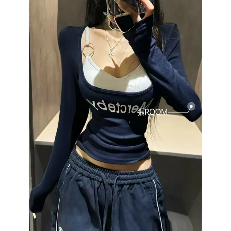 2025新款秋季两件套修身显瘦印花上衣女长袖打底T恤搭配吊带背心