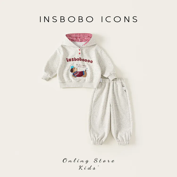 INSbobo儿童套装带帽格子帽可爱毛巾绣标上衣牛筋腰收脚裤QT25087
