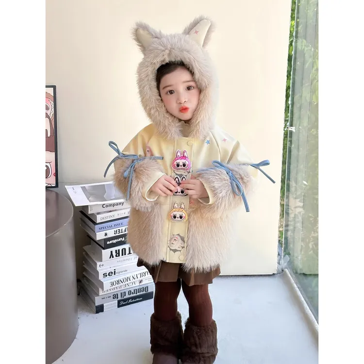 女童加绒外套秋冬2025新款拉布布宝宝仿皮草上衣加厚时髦冬季衣服
