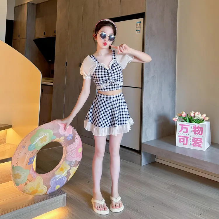 新品巴拉童年女童2025新款泳衣夏季中大儿童格子游泳衣套装公主风