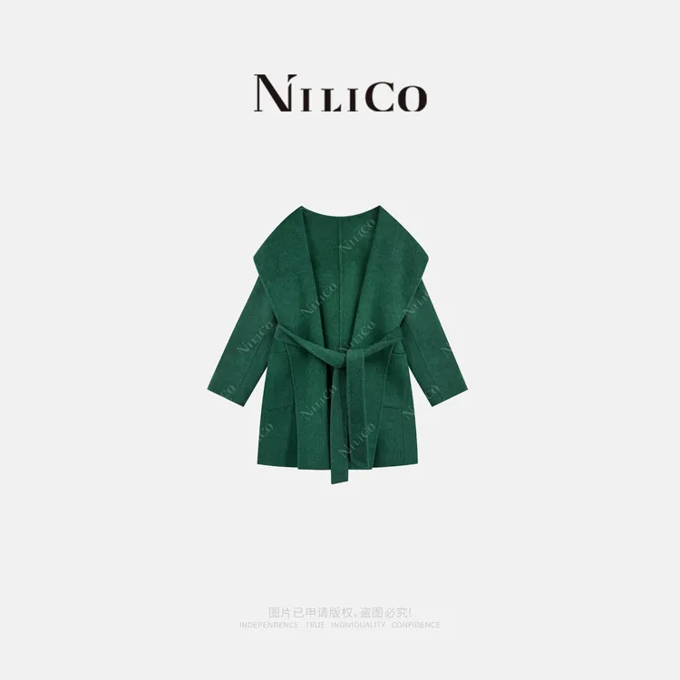NILICO【晚棠】100%绵羊毛连帽腰带纯色显瘦宽松复古气质大衣