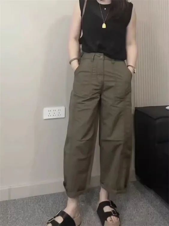 军绿色休闲裤女夏季薄款大码高腰显瘦阔腿裤女胖mm遮跨九分直筒裤