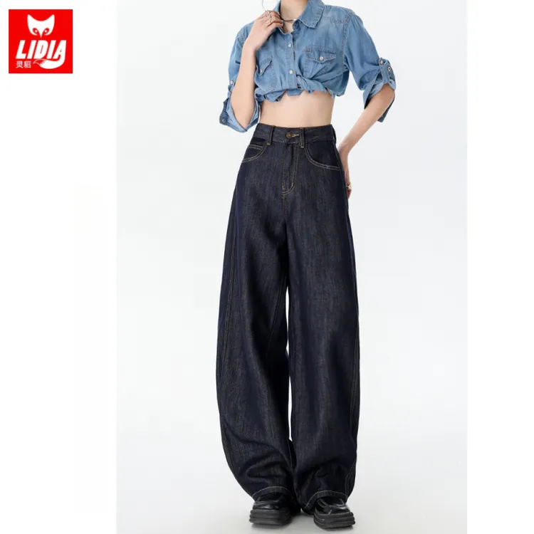 美式丹宁深蓝阔腿牛仔裤女秋季2025新款设计感显瘦宽松弯刀直筒裤