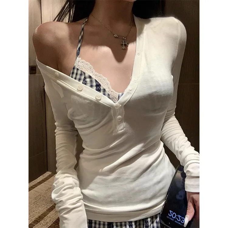 法式白色v领纽扣修身设计感上衣女春夏季小个子单穿正肩长袖t恤