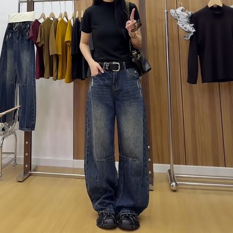 2025秋季新款美式设计感牛仔裤女梨型身材高腰大码显瘦阔腿拖地裤