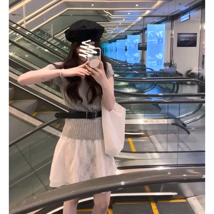 韩系穿搭修身短袖针织上衣套装女夏季新款高腰蕾丝半身裙子两件套