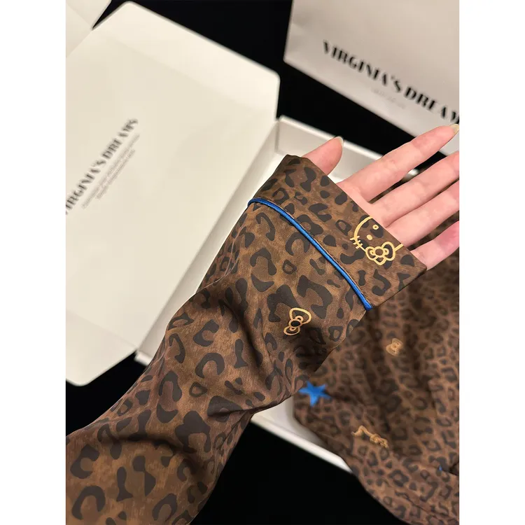 HelloKitty豹纹冰丝睡衣女款爆款2025新款美拉德长袖豹纹睡衣