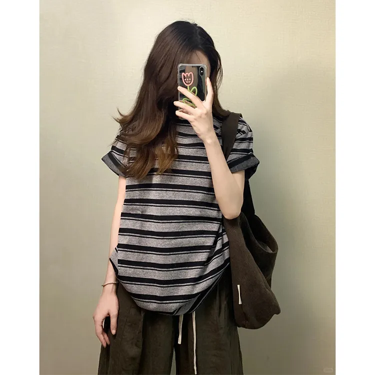 设计感小众条纹圆领独特漂亮短袖T恤女装夏季新款宽松显瘦上衣服