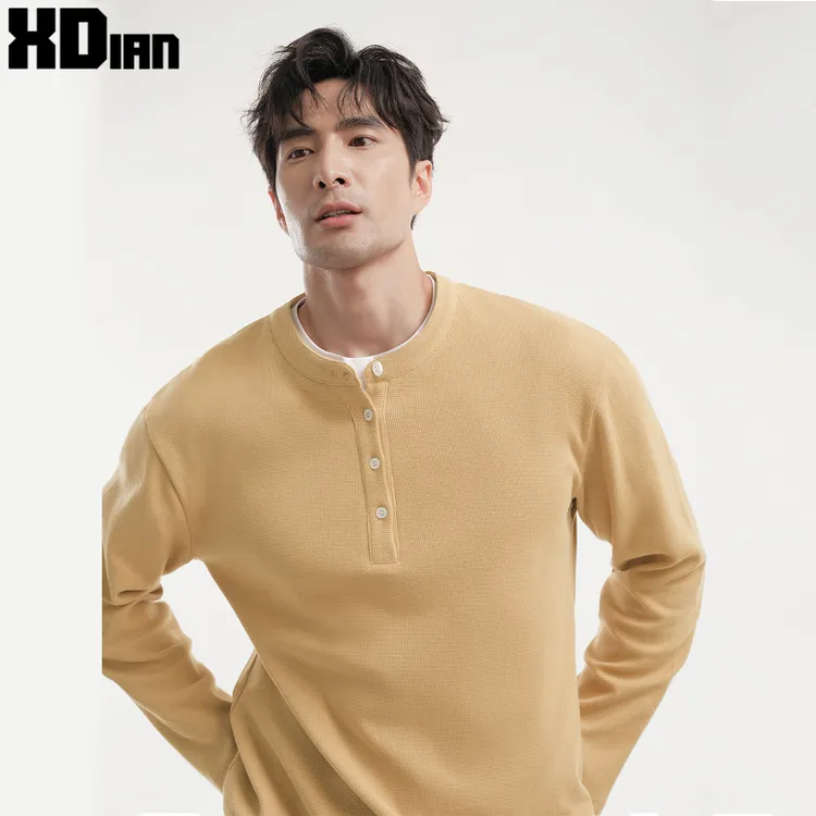 华夫格「微循环热」假两件亨利领长袖t恤男棉上衣打底秋冬季复古潮