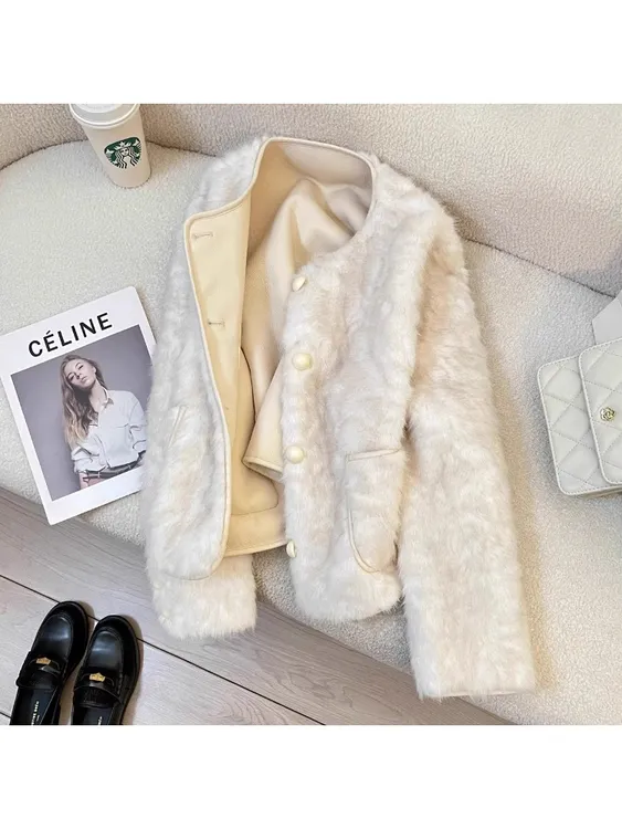 米白色仿水貂绒环保皮草外套女2025新款冬季高级休闲保暖毛毛上衣