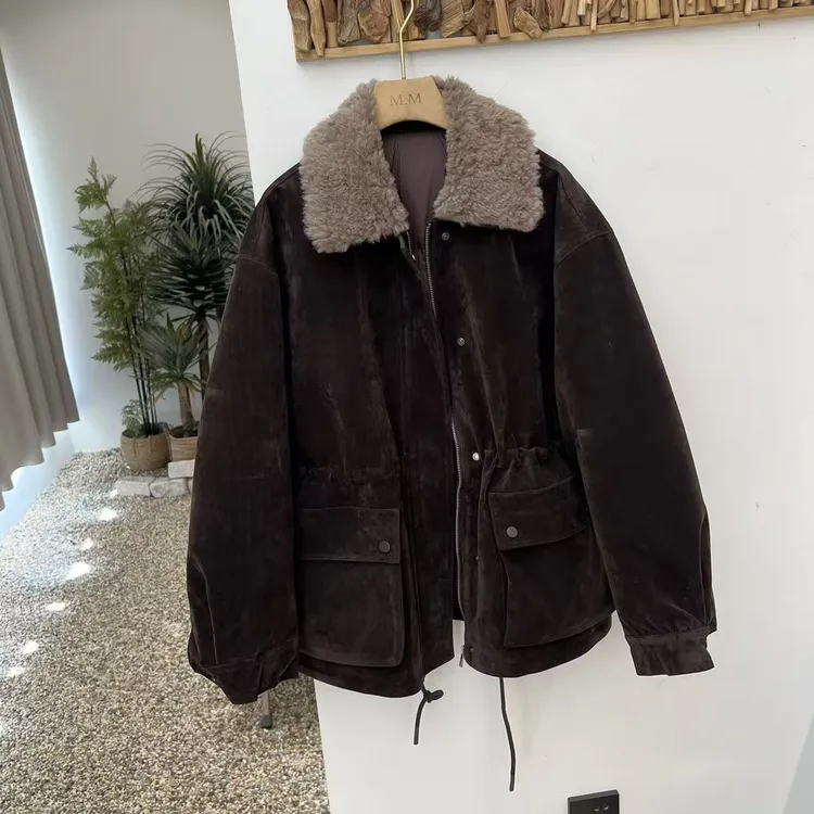 金盏爵士复古雅痞新国标90白鸭绒羊毛毛领棕色绒面派克羽绒服外套