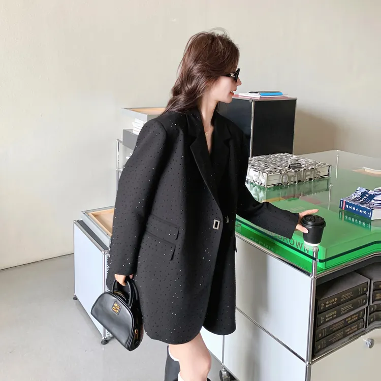 黑色重工烫钻西装外套女春秋新款高级感韩系洋气超好看气质小西服