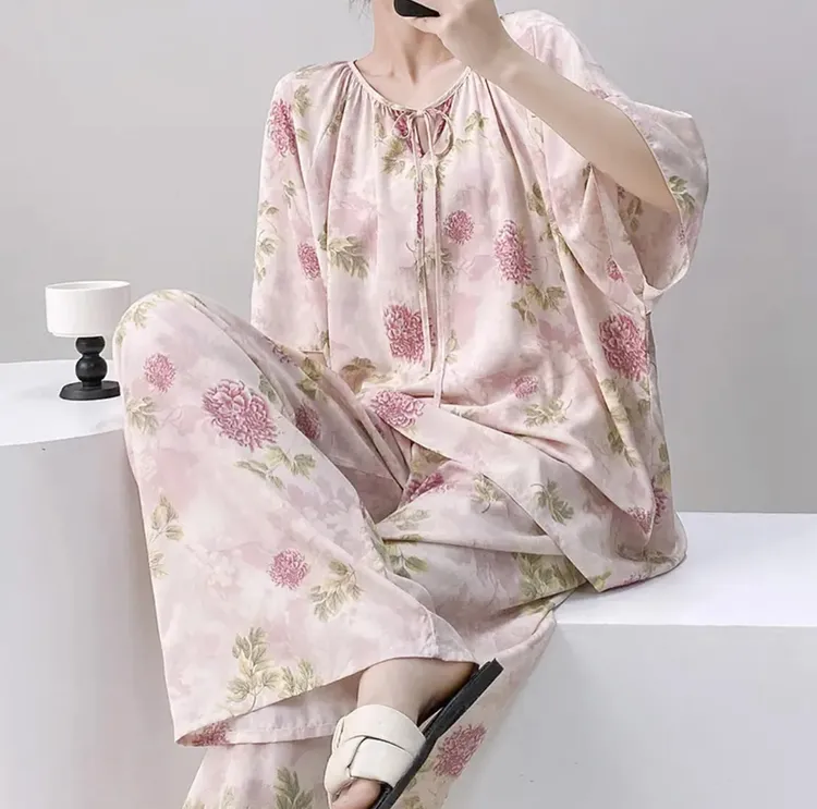 【带胸垫 超防凸】棉绸春夏睡衣女套装国风大码慵懒高级感家居服