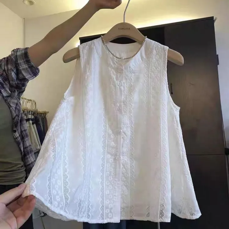 棉白色蕾丝刺绣无袖衬衫背心女外穿夏新款宽松遮肚开衫上衣 