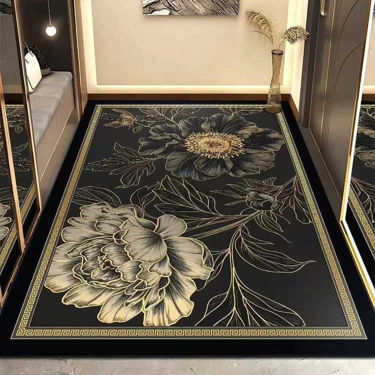 新中式轻奢高级牡丹硅藻泥入户门防滑地垫吸水耐磨耐脏进门地垫子