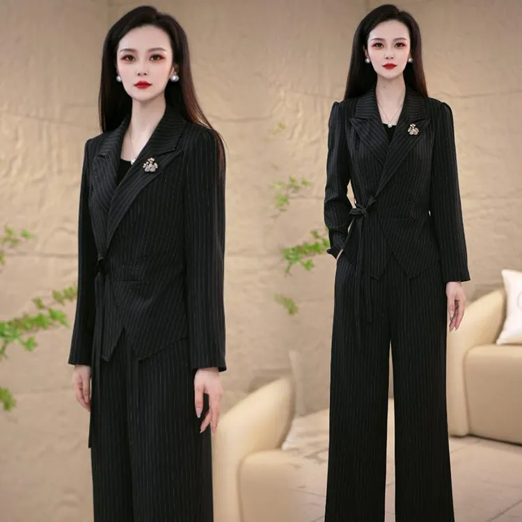 时尚西装套装女2025秋季新款洋气收腰系带西服外套阔腿裤两件套潮