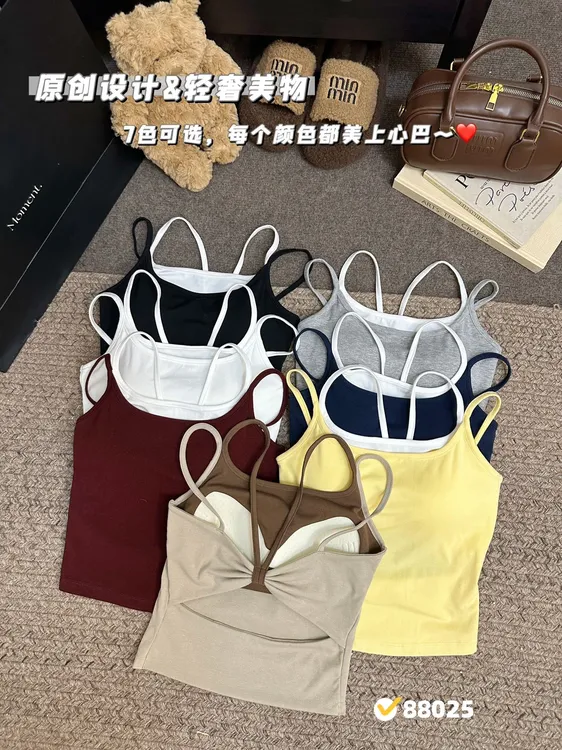 带胸垫撞色拼接假两件蝴蝶结美背一体吊带背心女款2025新款夏外穿