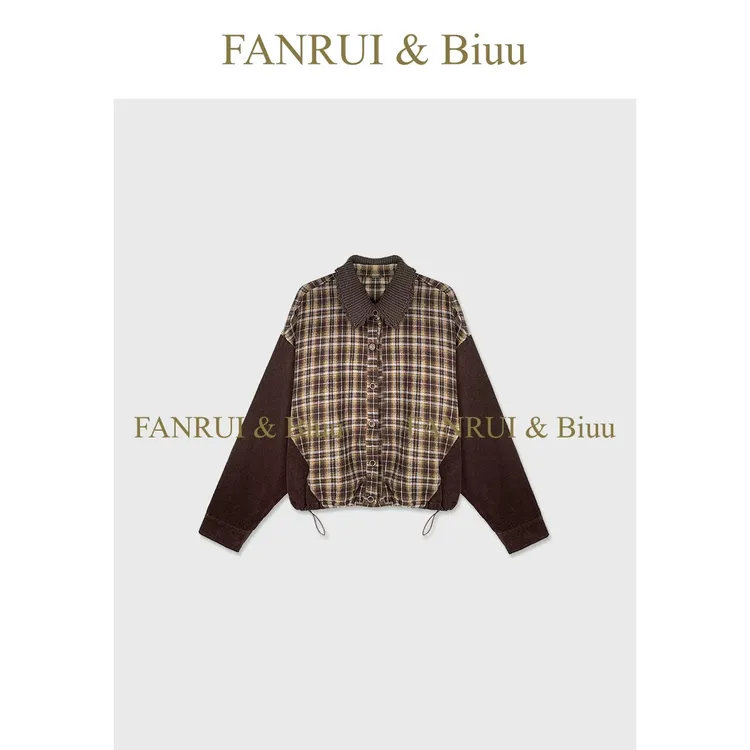 FANRUI/泛芮「贝贝biuu」立领格纹拼接时髦洋气复古高级卫衣B18446
