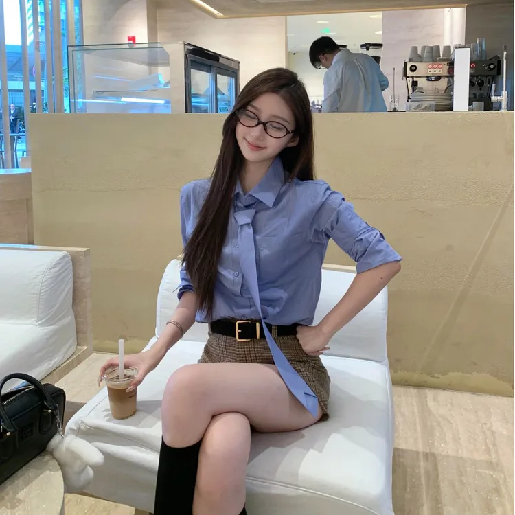 法式miu系设计感蓝色衬衫女2025秋季学院风长袖衬衣高腰休闲短裤