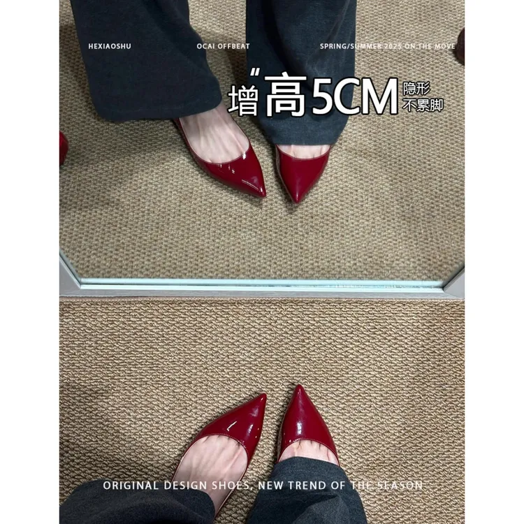 啄木鸟法式内增高尖头浅口红色平底单鞋女新款一脚蹬气质玛丽珍鞋
