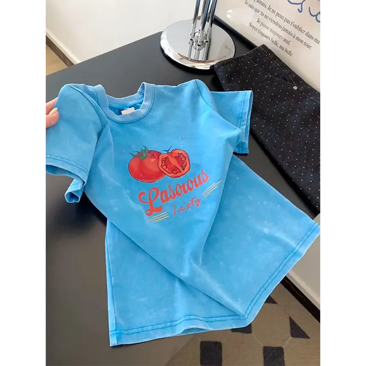 今年流行夏日穿搭漂亮小上衣百搭蓝色圆领短袖t恤女2025夏季新款